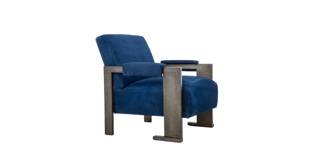 FBC London SOL collection bespoke luxury armchair in blue with planished bronze frame.